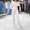 Women Formal Jumpsuit Pleated Lantern Sleeve Turn-down Collar V Neck Rhinestone Buckle Decor Wide Leg