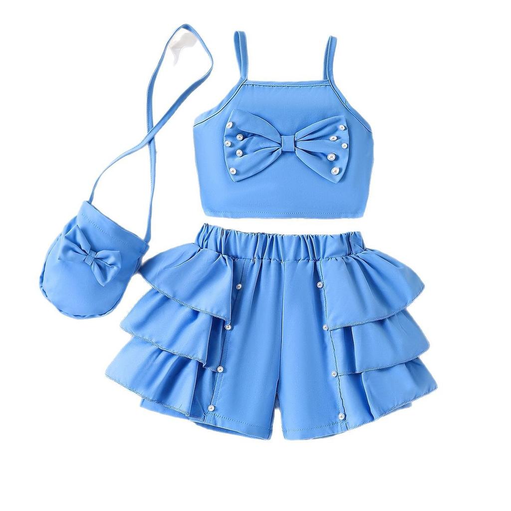 Сладкий комплект для девочек Летняя детская мода Топ-халтер с бантом + Кружевные шорты с бисером