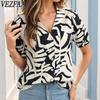 Женские модные повседневные летние весенние блузки и рубашки с короткими рукавами и v-образным вырезом с цветными блоками и принтом