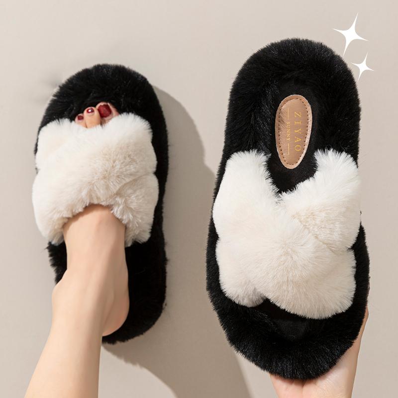 Fashion Fashion Cross Strap Fluffy Slippers for Women Winter Warm Faux Rabbit Fur Slides Woman Thick Sole Plush Indoor House Slippers