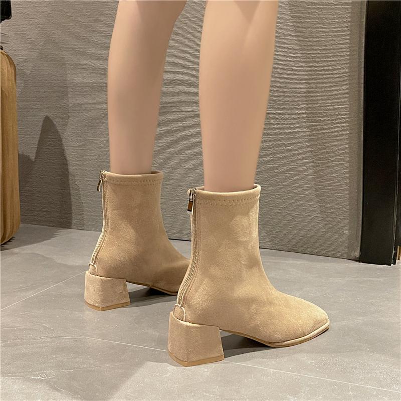 Модные замшевые короткие сапоги с квадратным носком, женские, осенне-зимние, эластичные, с толстым каблуком, на молнии сзади, ботильоны, модные, серые, черные, Botas De Mujer