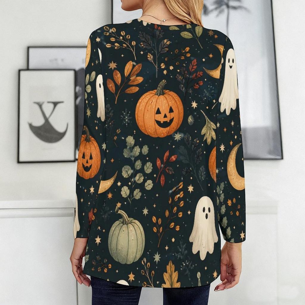 Women Plus Size Round Neck Long Sleeve T Shirt Halloween Dachshund Printed Pockets Loose Top