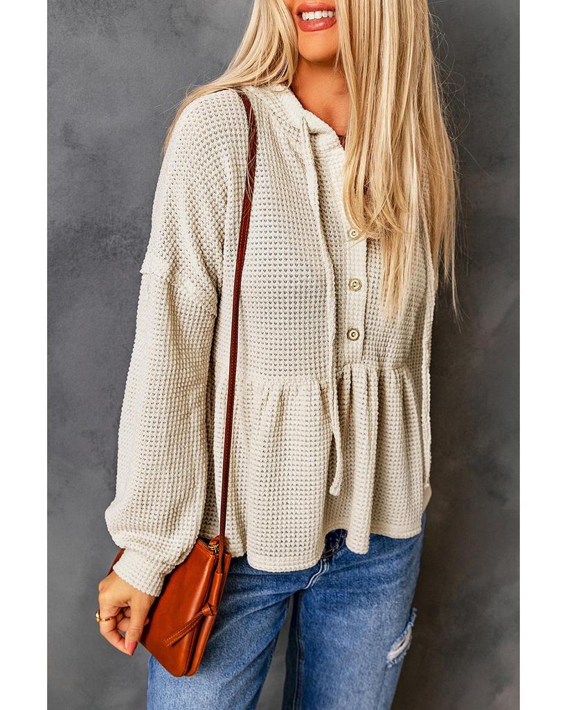 Azura Exchange Вафельный трикотажный топ с капюшоном и оборками на пуговицах