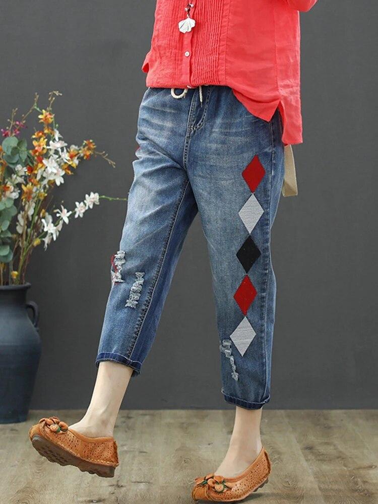 Ladies Embroidery Jeans Womens Fashion Vintage Ripped Denim Trousers Loose Holes Elastic Harem Pants