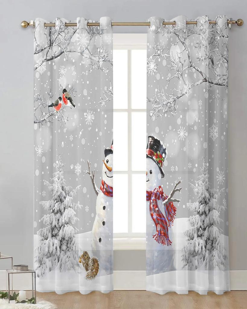 Рождественская елка Снеговик Снежинка Серые прозрачные шторы для украшения гостиной Оконные шторы Кухня Тюль Вуаль Шторы