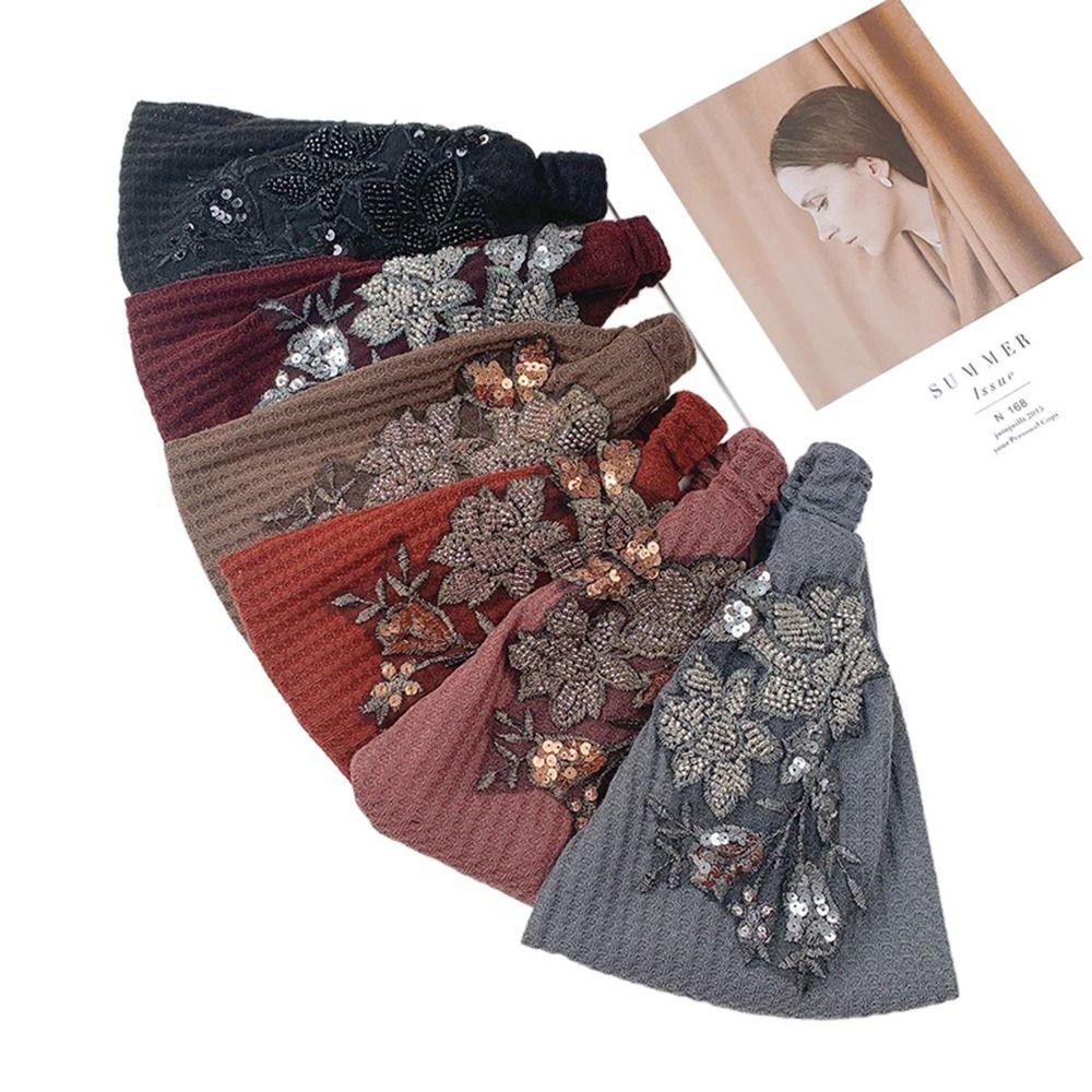 Girls Knitted Wide Side Bead Hair Accessories Flower Hair Hoop Women Hairband Korean Style Headband