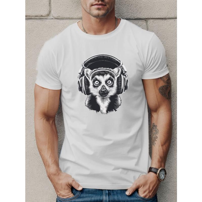 Европейские размеры Мужская повседневная футболка с коротким рукавом с уникальным дизайном лемура и наушниками - Дышащий полиэстер, Круглый вырез,
