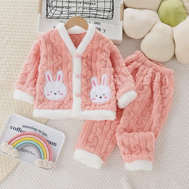Пижамный комплект из кораллового флиса для девочек: Стильный, толстый и очень милый зимний костюм для детей от 1 до 10 лет