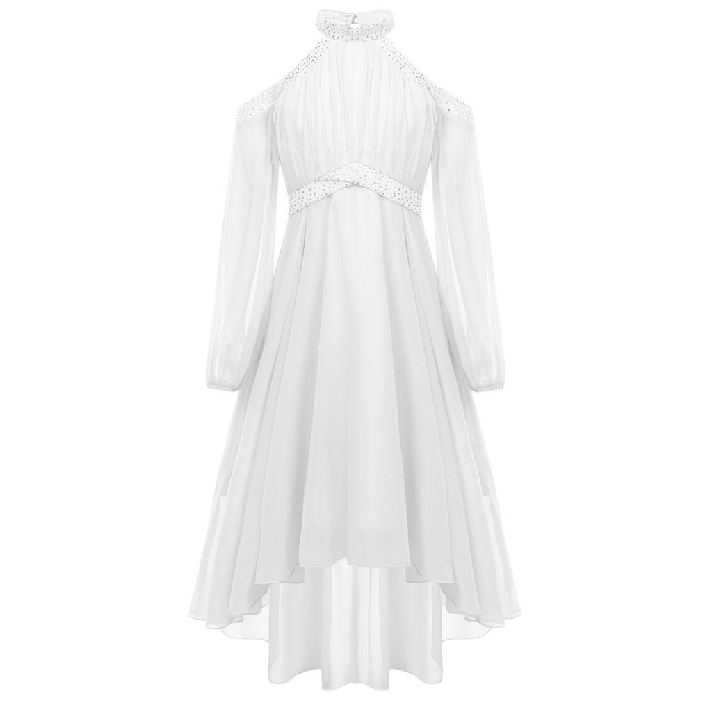 Girls Elegant Party Gown Halter Off Shoulder Long Sleeve High Waist Ruffled Irregular Hem Fake Diamond Design Dress