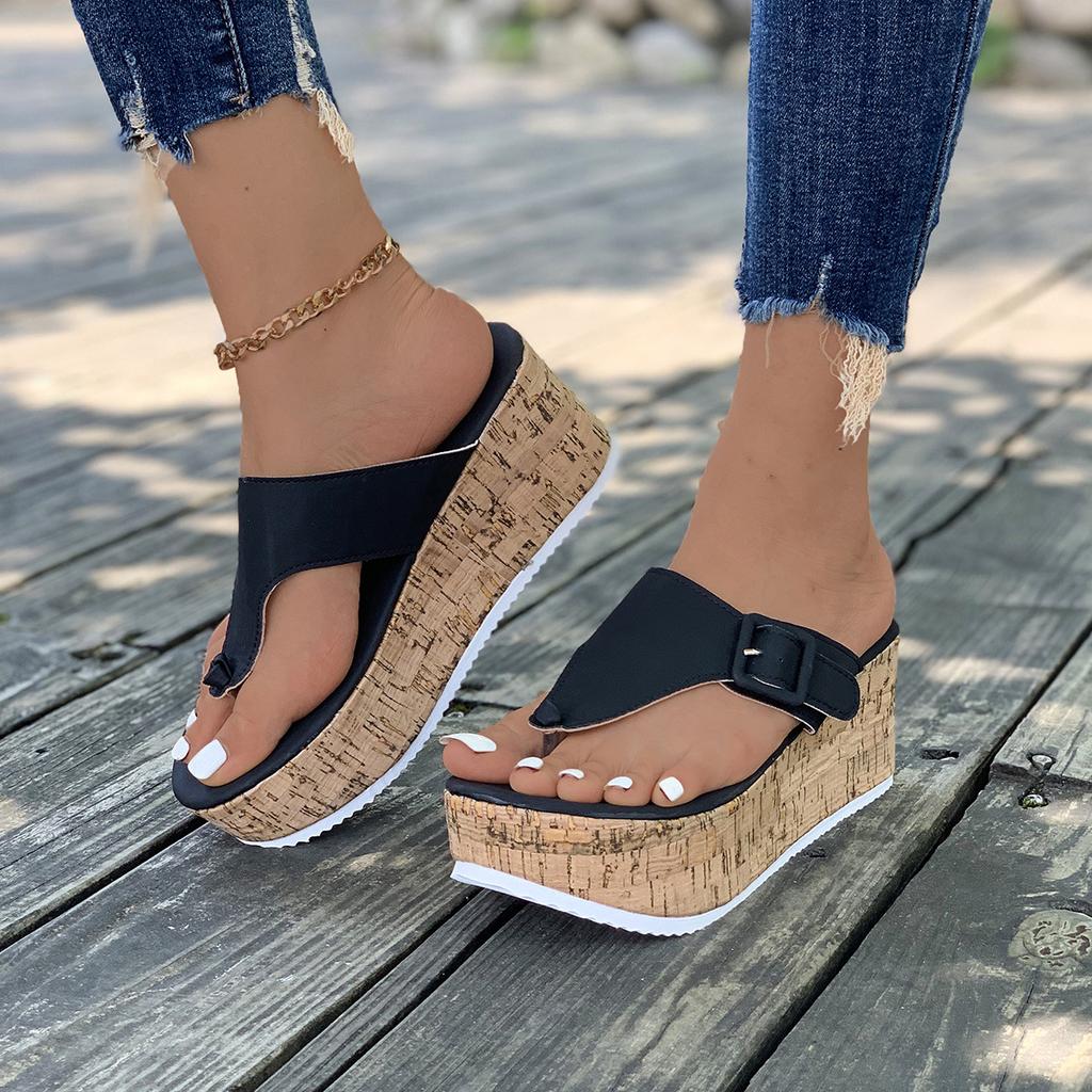 2025 new large size toe solid color platform slippers independent station slope heel women's buckle fish mouth flip-flops