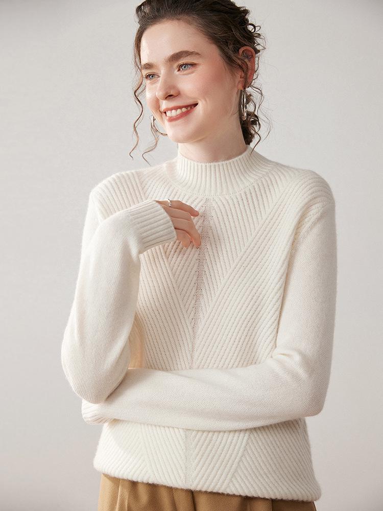 Women's Urban Casual Cashmere Sweater - Half-High Neck, Long Sleeve, Thick, Solid Color, Autumn/Winter Pullover Base Layer.