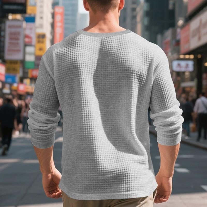 Мужская винтажная повседневная футболка-henley с длинным рукавом и жаккардом