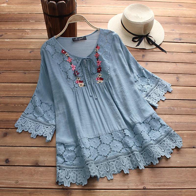 Summer Women's Lace T-shirt Floral Mini Dress Cotton Five-point Sleeve V-neck Loose Casual Bohemian Style T-shirt Top