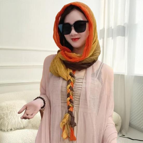 Summer Scarf with Pigtail Decor Patchwork Color Comfortable Fabric Versatile Shawl Scarf UV Protection Shawl Photo Props