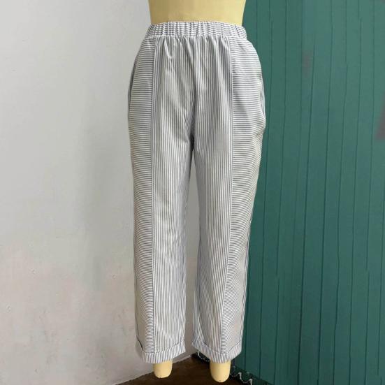 Women Casual Pants Elastic Waist Mid-rise Summer Jacquard Long Pants with Pockets Striped Print Loose Fit Trousers