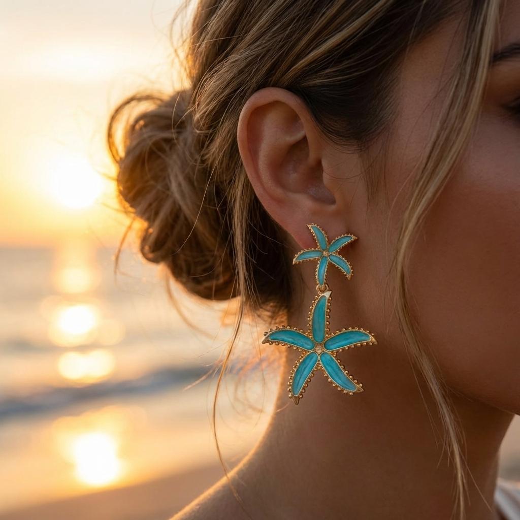 Double Starfish Stud Earrings Ocean Theme Summer Beach Vacation Ear Jewelry Minimalist Accessories for Women Girls