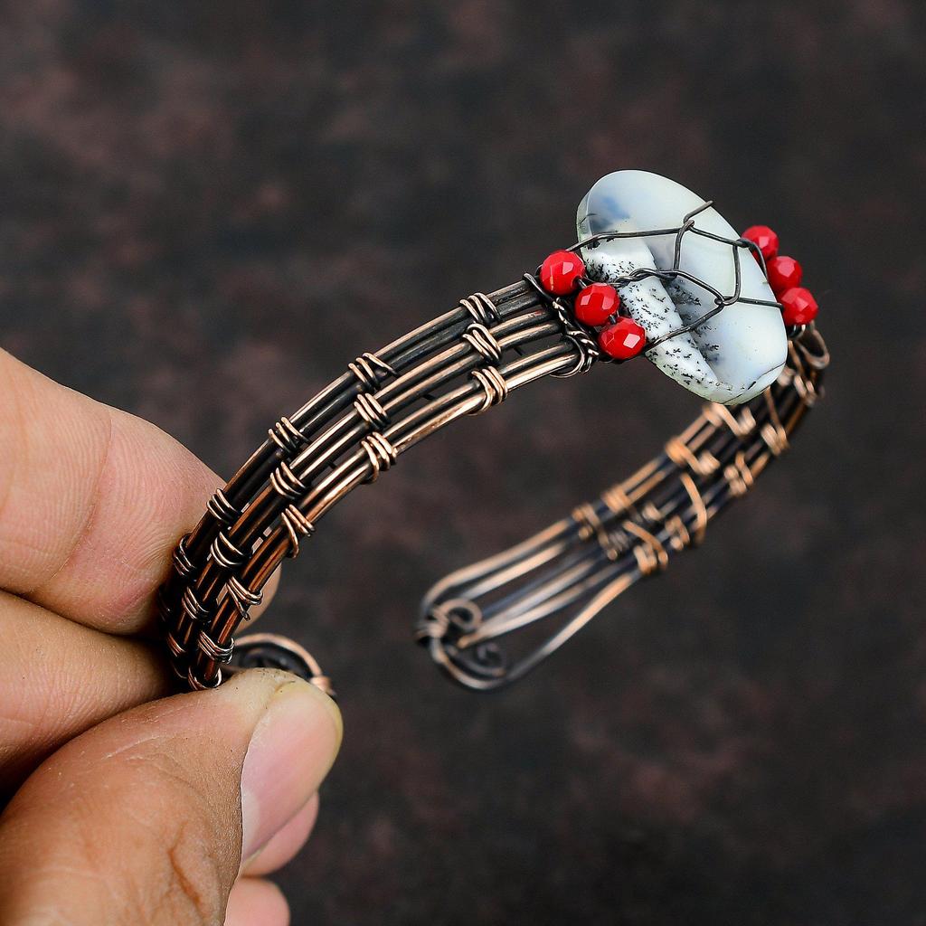 Браслет-манжета из опала с дендритом, красные коралловые бусины, браслет из медной проволоки, ювелирные изделия, регулируемый браслет, браслет-манжета из драгоценных камней