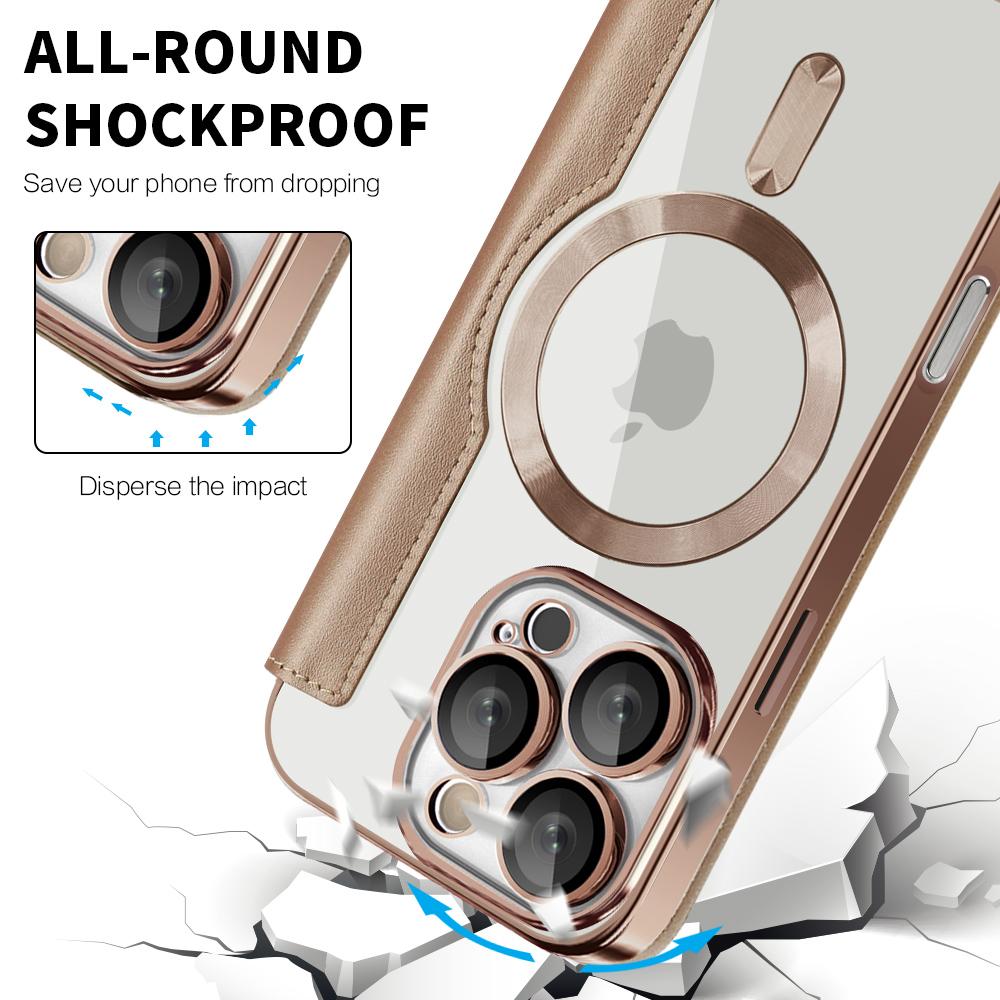Для iPhone 11 12 13 14 15 16 серии. Чехол-книжка Gold Shield Magnetic Business Leather Case, совместимый с MagSafe, со слотами для карт с блокировкой RFID и защитой линз