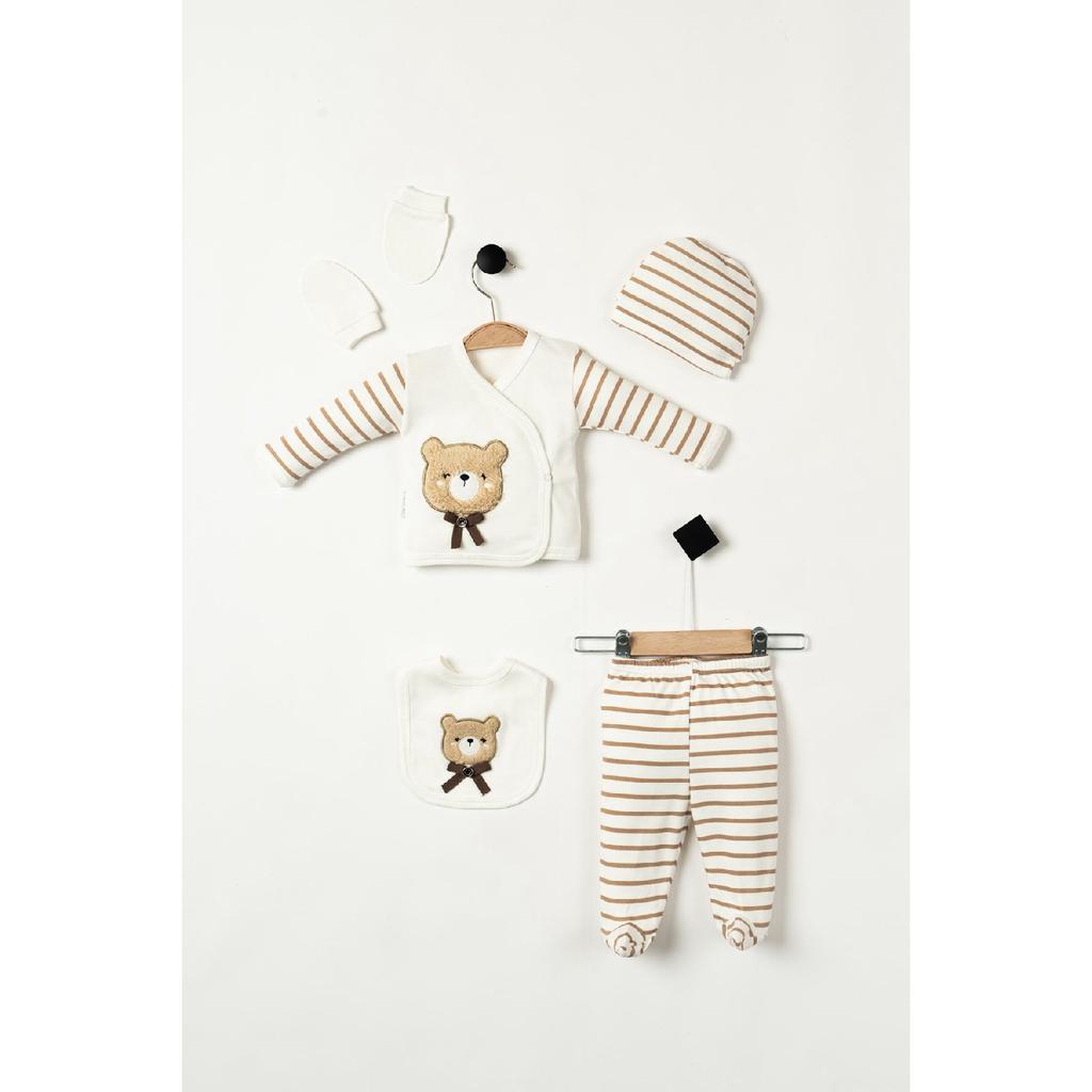 (boxed) Suzene With Teddy Bear Embroidered 100% Cotton Newborn Clothes 5-piece Hospital Bodysuit Set