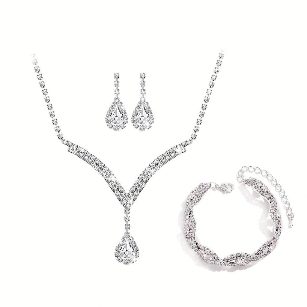 Bridal Party Jewelry Set With Zircon Water Drop Necklace Earrings And Bracelet For Weddings