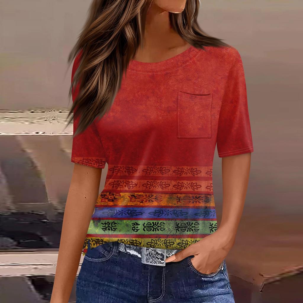 T Shirts For Women Pleated Round Neck Dressy Casual Blouses Printing Short Sleeve Summer Tops Loose Fit