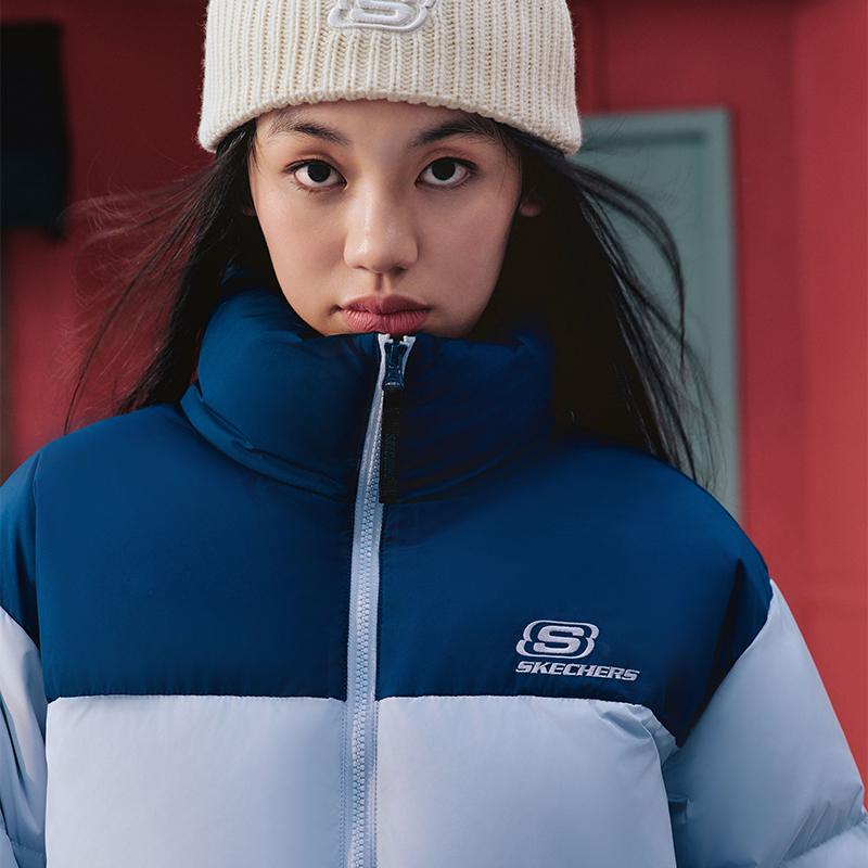 Skechers Модная Короткая Пуховая Куртка С Color Block Логотипом, Ветрозащитная, Теплая, Плетеная, Унисекс, Верхняя одежда, Космический-Небесный-Фиолетовый L423U106-027F