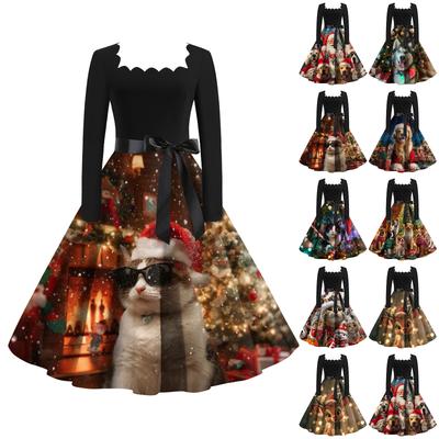 Женское модное ретро вечернее платье с длинным рукавом, квадратным вырезом и рождественским принтом