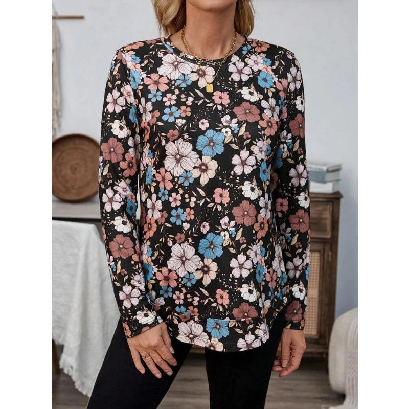 Floral Print Round Neck T-shirt Spring Autumn Casual Long Sleeved Top Women's Clothing Tee Shirts