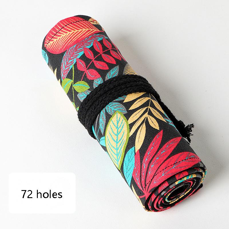 Fallen Leaf Print Handmade Canvas Pen Curtain 36 48 72 Holes Large Capacity Roll Pen Bag Color Lead Sketch Stationery Bag
