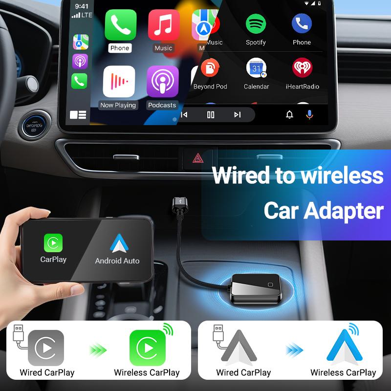 Адаптер 2в1 беспроводной CarPlay и Android Auto Простая установка Plug&Play Подходит для 99% автомобилей Беспроводной адаптер CarPlay Обновление автомобиля
