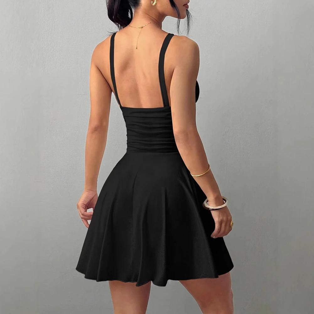 Women's Sexy Spaghetti Strap Dress Deep V-Neck A-Line Mini Dress Summer Sleeveless Flowy Sundress for Club Party Daily Wear