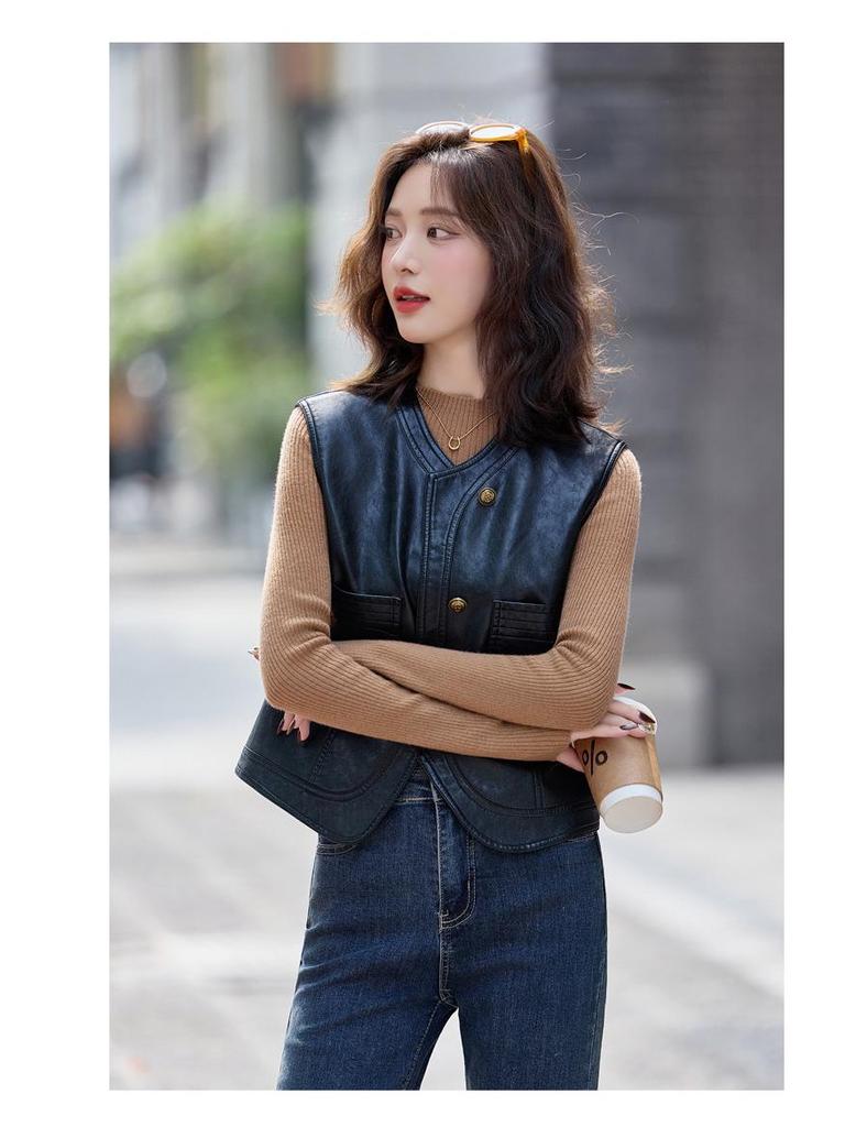Women's Short Sheepskin Leather Motorcycle Vest - Autumn/Winter Korean Style Outerwear