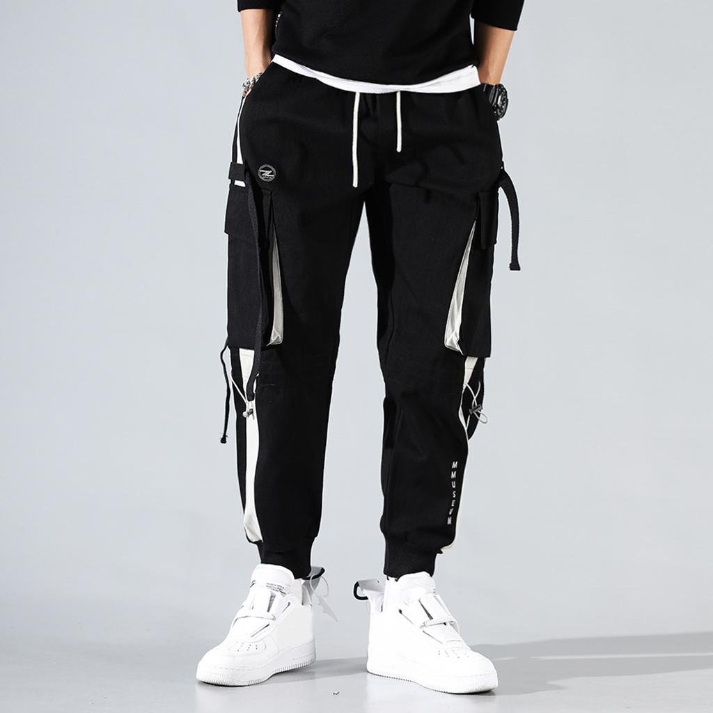 Мужские брюки-карго в стиле хип-хоп с завязками на щиколотках, длинными, с несколькими карманами и завязками на щиколотках