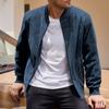 Men Suede Jacket Stand Collar Long Sleeve Zipper Placket Coat with Side Pockets Solid Color Loose Fit Ribbed Cuffs Hem Outwear