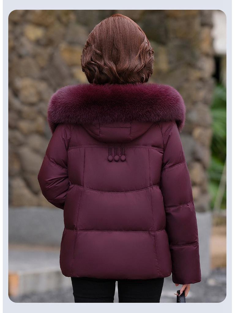 Premium Winter Hooded Short Down Jacket for Middle-aged and Elderly Women with Fox Fur Collar