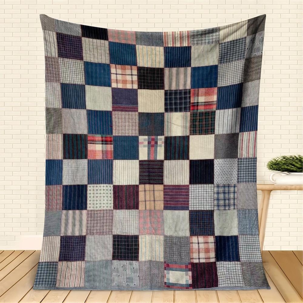 Vintage Plaid Patchwork Flannel Blanket, Retro Checkered Throw, Soft Cozy for Rustic Home Decor, Warm Sofa Couch Gift