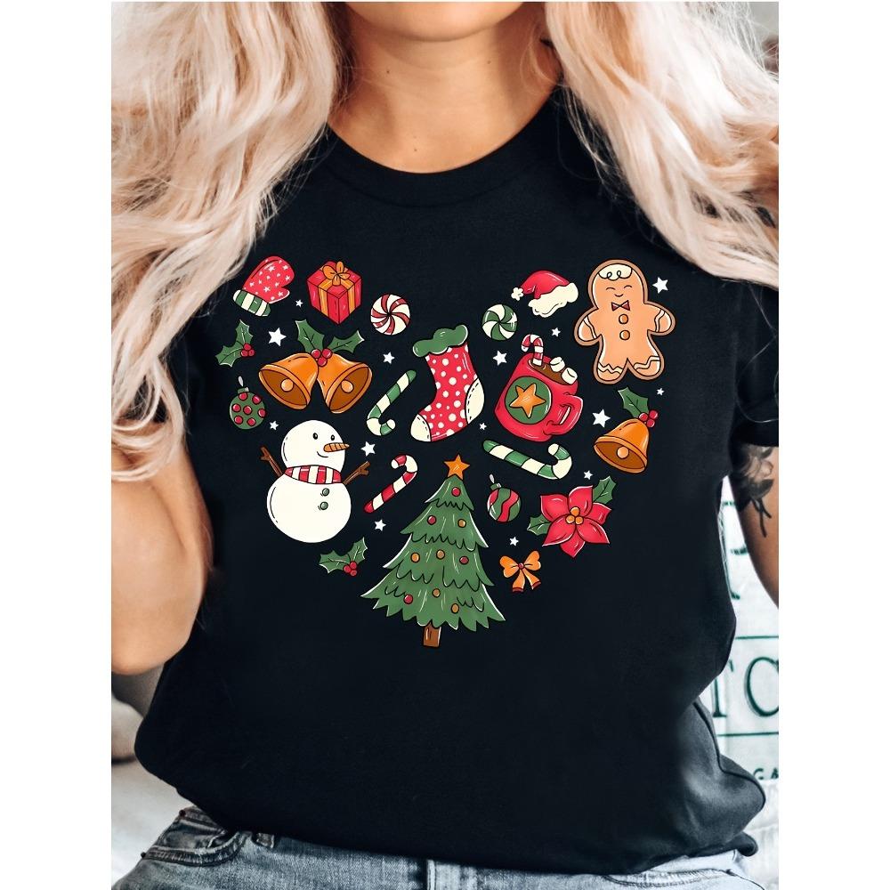 Christmas Heart Print TShirt Holiday Design Featuring Gingerbread Women Candy Canes and Snowflakes Soft Crew Neck Casual Top