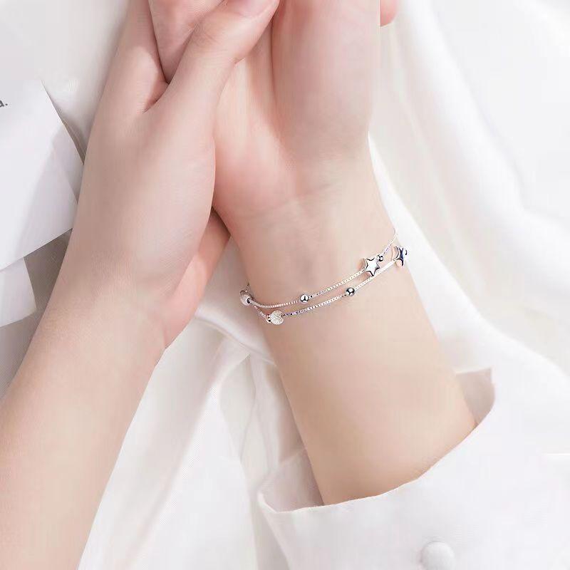 925 Sterling Silver Bead Chain Bracelets For Women Korean Sweet Double Layer Beautiful Stars Bracelets Original Jewelry Gifts
