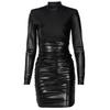 Turtleneck Long Sleeve Hip Wrap Pleated Bodycon Dress Autumn Faux Leather High