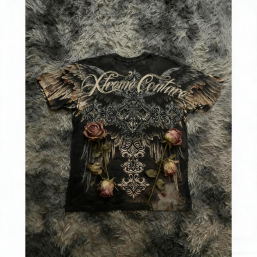 Summer Men's T-shirt Gothic Rose Cross Wing Print Tees Round Neck T-shirt Outdoor Street Style Top Casual Women's Clothing