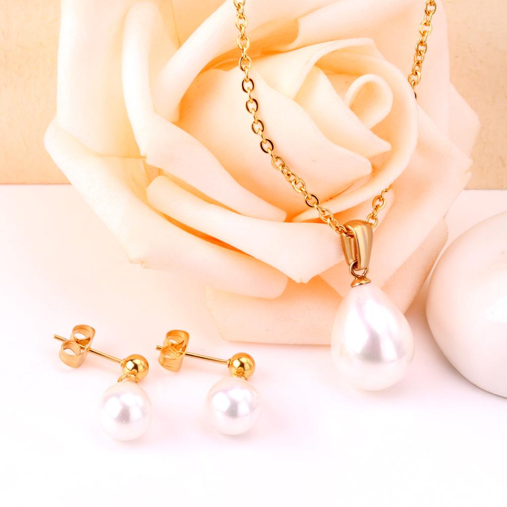 LUXUKISSKIDS Trendy Fake White Pearl Stainless Steel Chain Necklaces Earrings Sets For Women Indian Jewellry Set parures bijoux
