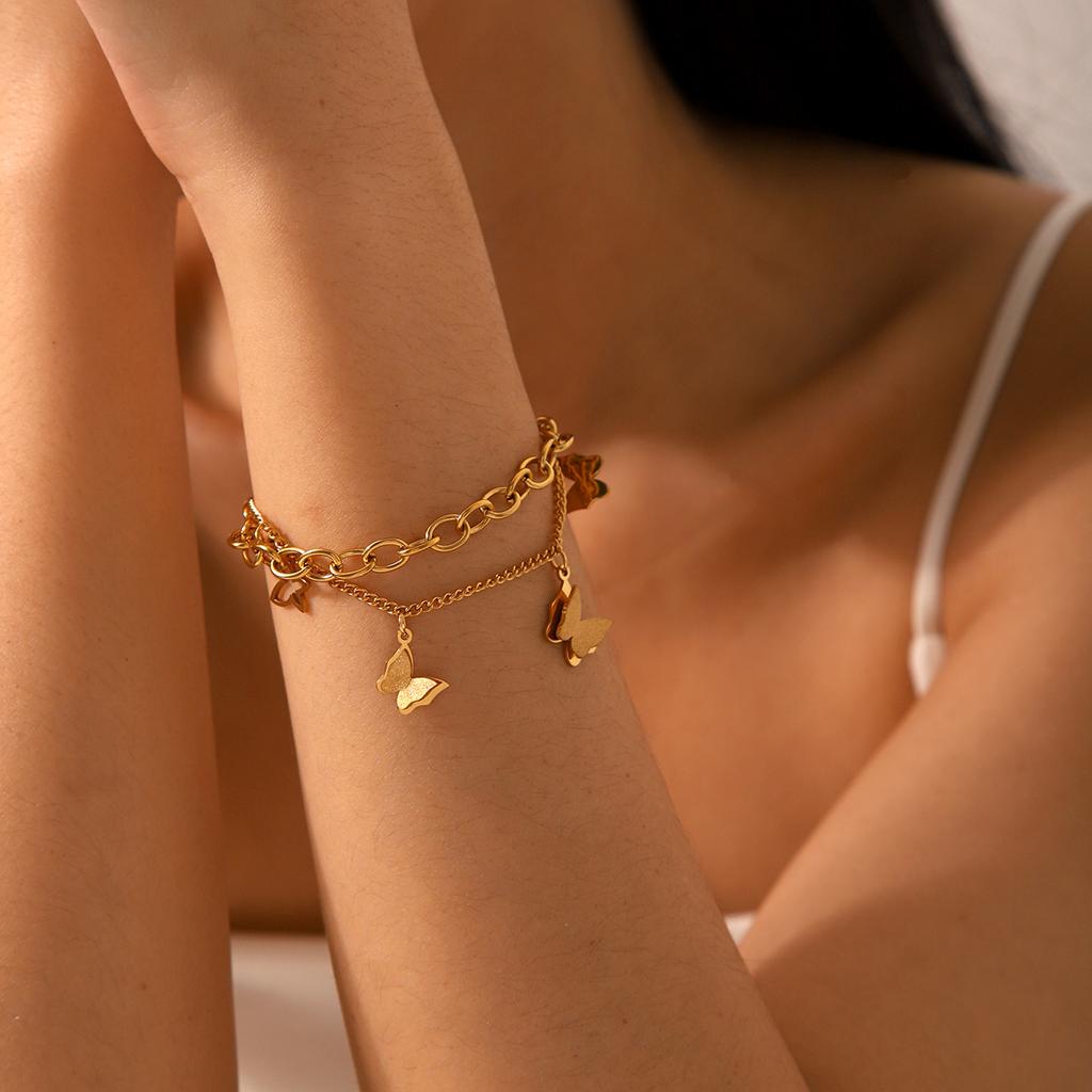 18k Gold Stainless Steel Double Layer Bracelet for Women, Non-fading Butterfly Pendant Titanium Steel Bracelet
