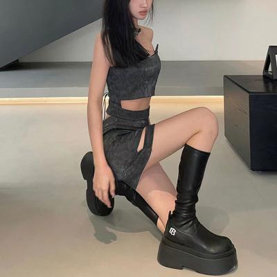 Spice Girls Толстая подошва Круглый носок Черные Универсальные Но Ботфорты Рукава Модные Ботинки