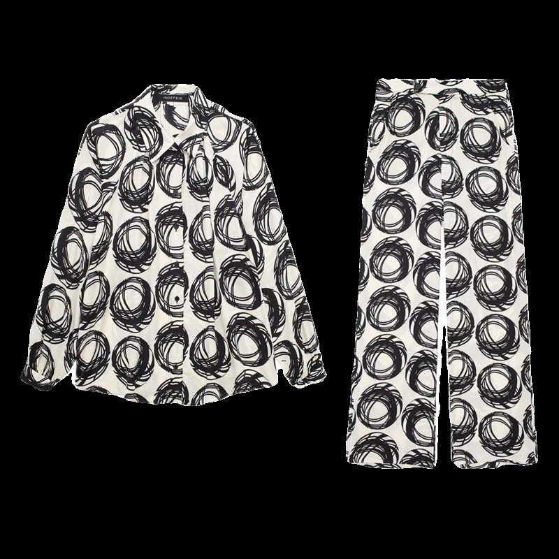 Fashion Style 2024 Spring New Arrival Women's Clothing Temperament Long Sleeve Lapel Print Shirt High Waist Pants 4043045