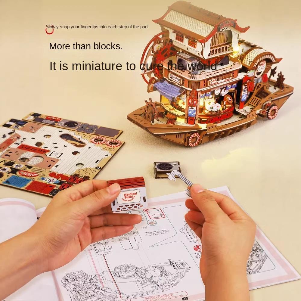 DIY Sailing Sushi Shop Mechanical Assembly Model Large Handmade Building Cabin Educational Toy Gift for Girls Birthday