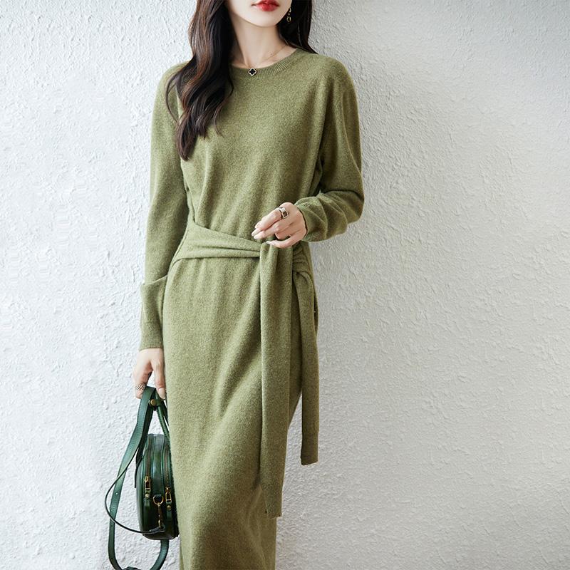 Women Sweater Dress 100% Wool TIDENOVEL O-neck Knit Long Pullover Winter Jumpers Wool Long Dress Female
