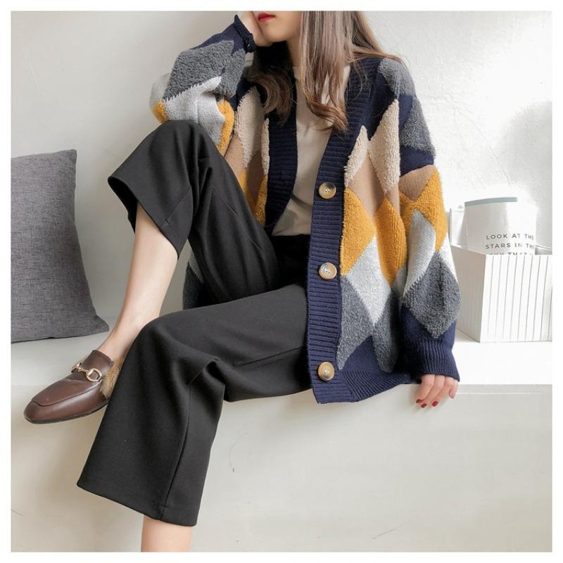 Autumn New Long Sleeve Argyle Knitted Sweater Jacket Women Winter Elegant Fashion Loose Woman Cardigans Sweaters Vintage Plus Size Knitwear Coat 24929