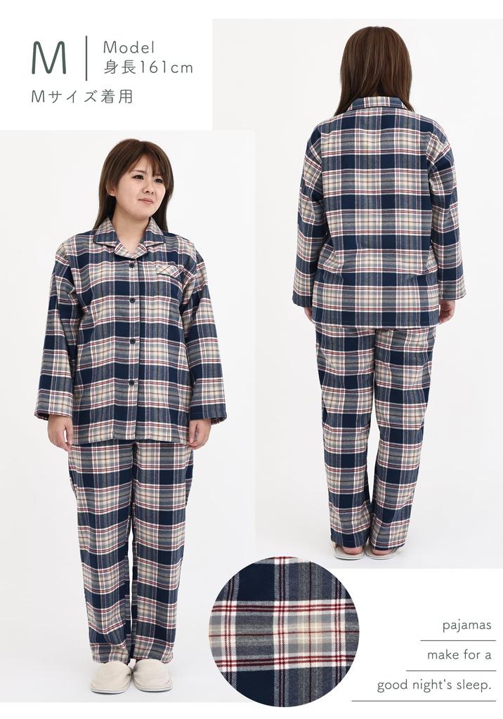 Kaituck Family Women's Cashmere-Touch Flannel Shirt Pajamas, Long Sleeve, Check Pattern, Spring, Autumn, Winter (L, Navy)