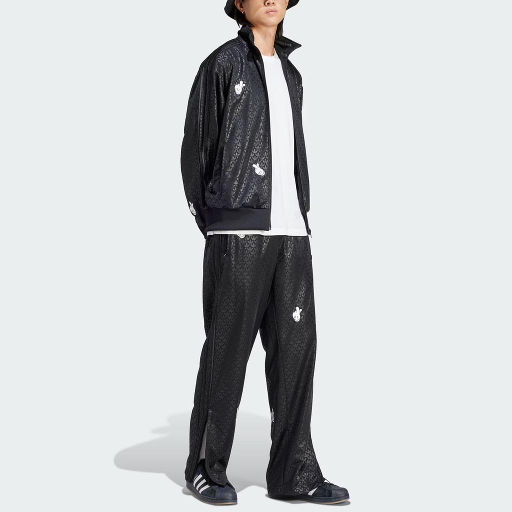 Adidas Originals X Mickey Mouse Collaboration SS24 Mickey Glove Print Logo All-Over Three-Stripe Side Knit Sweatpants Men Bottoms Black IY2277