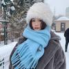 Wool Blended Solid Color Scarf Ice Blue Women's 24 Winter Atmosphere Warm Fringed Scarf